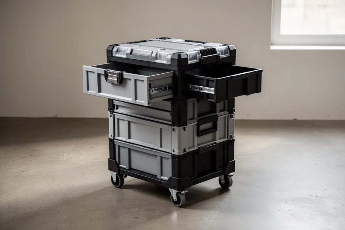 Open drawers filled with small parts organized in plastic dividers