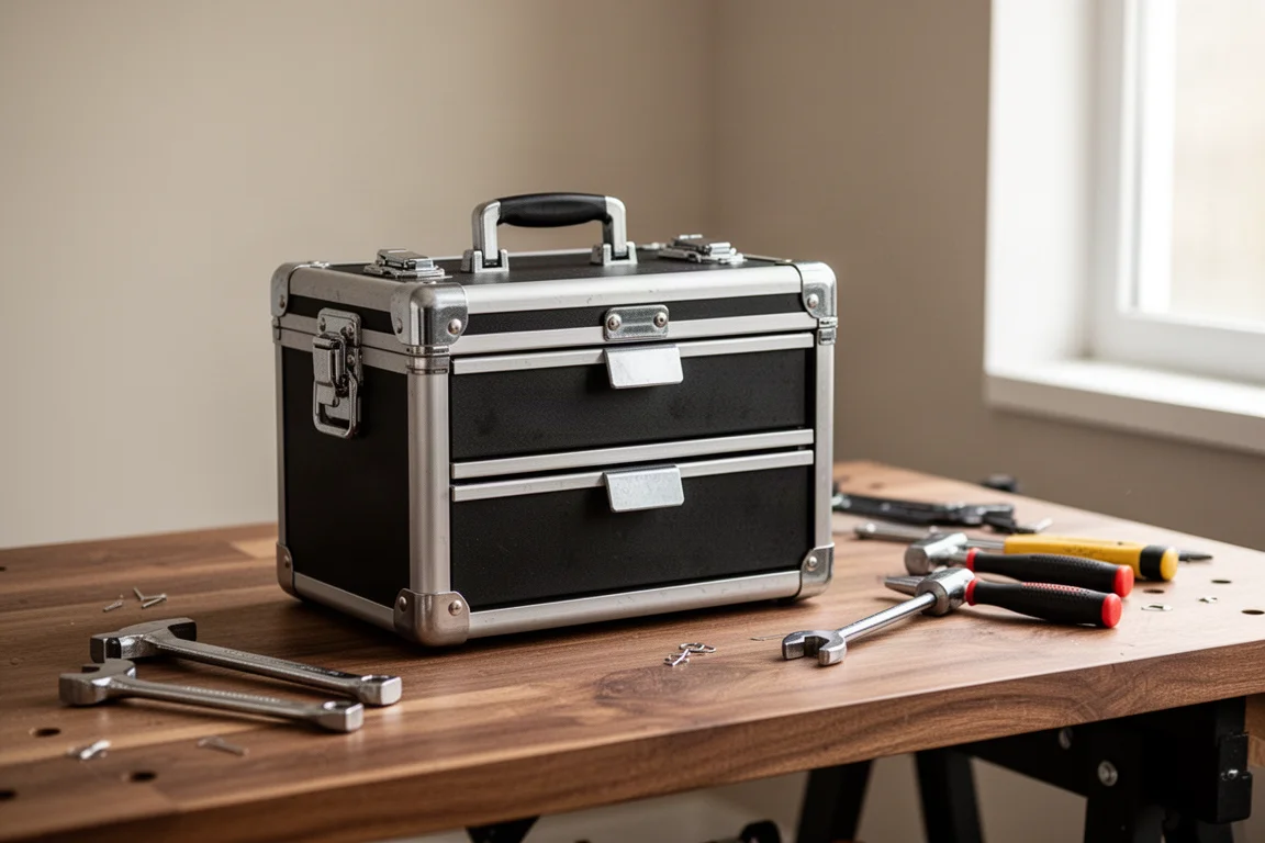 Heavy drawer tool box seated on a rolling tool cart in a workshop
