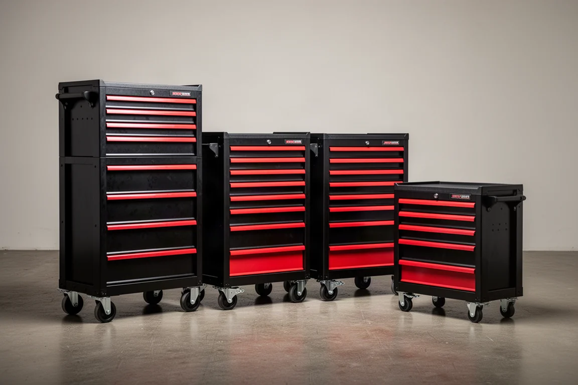 Milwaukee Packout 3-drawer and 4-drawer tool boxes side by side on concrete