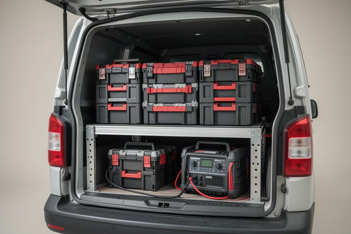 System przechowywania narzędzi Packout z możliwością piętrowania, załadowany do lada roboczej