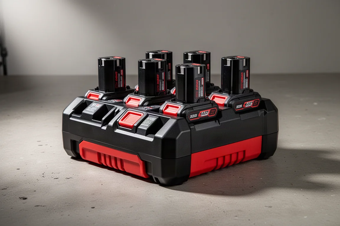 Milwaukee four-bay battery charger with four batteries seated on a concrete surface