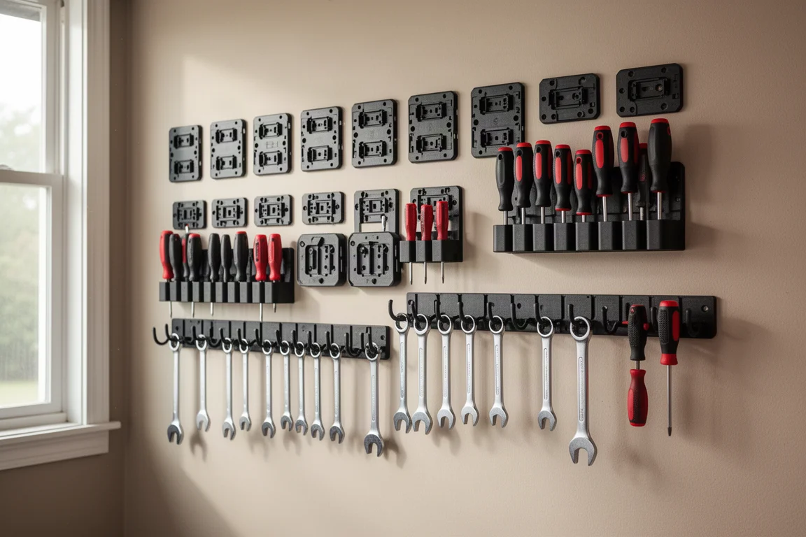 Piaastre modulari da parete e ganci montati su una parete del garage per organizzare gli attrezzi a mano