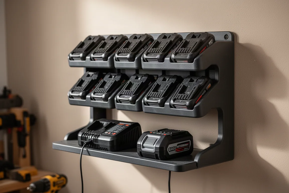 Supporto per batterie a parete con batterie per attrezzi a batteria accanto a un caricatore