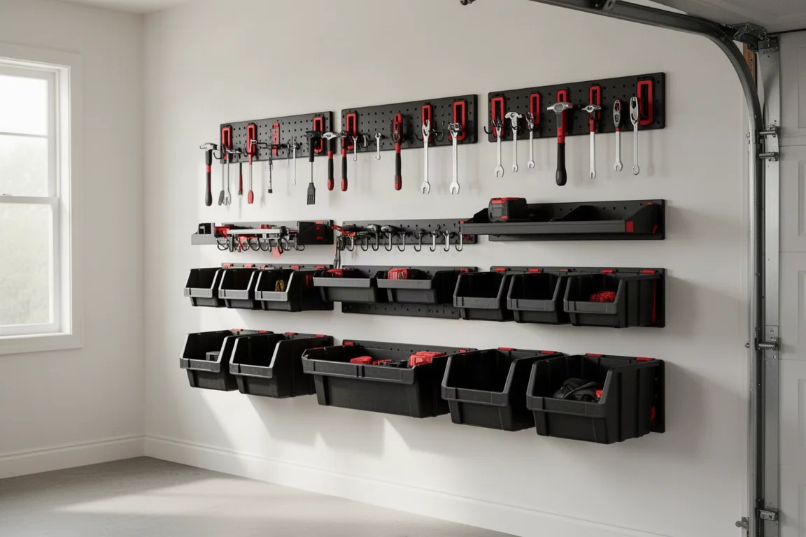 Modular tool storage wall system with plates, hooks, and bins in a tidy garage