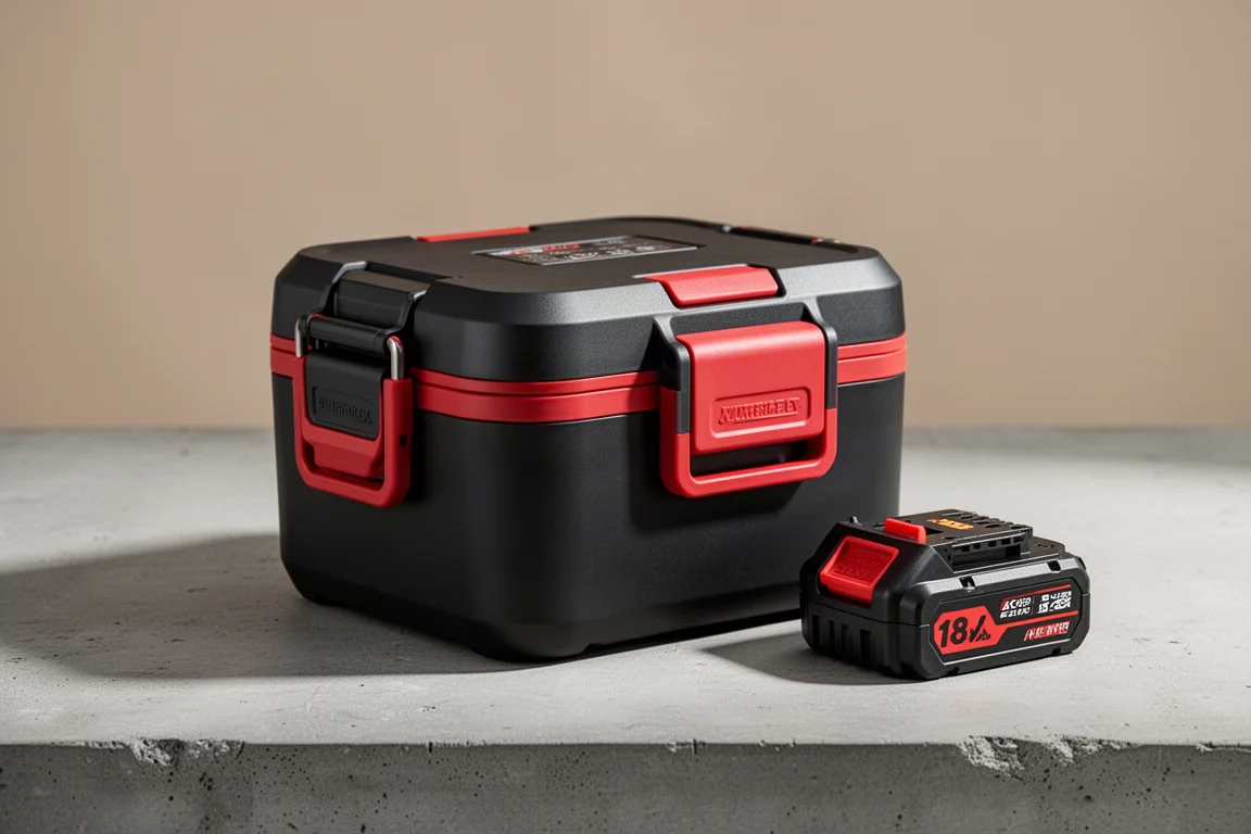 Stevige draagbare lunchwarmer met accu op een betonnen ondergrond