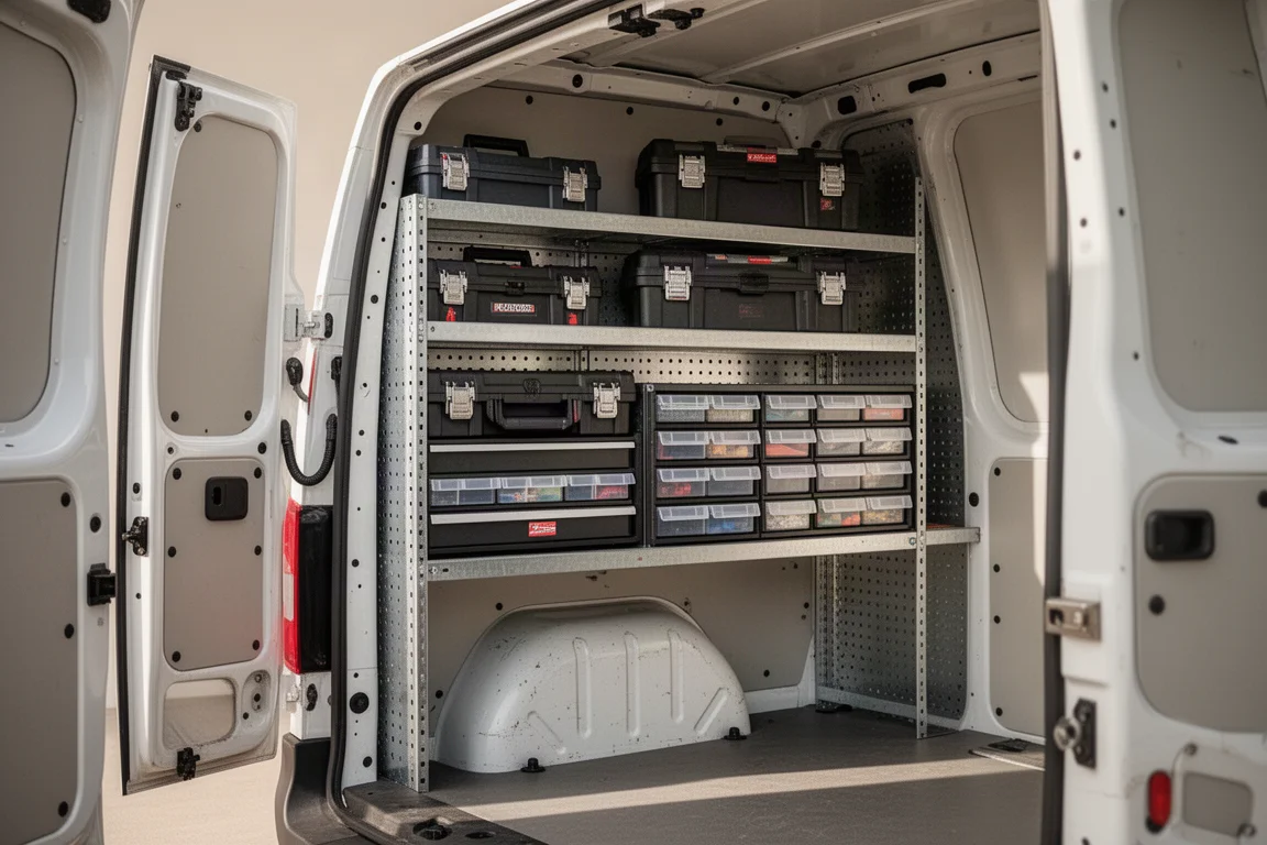 Metallregal in einem Transporter montiert mit gestapelten Lagerboxen