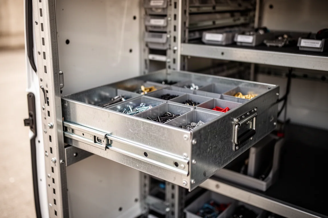 Geöffnete schubladenartige Lagereinheit an einem Racksystem mit sortierten Kleinteilen