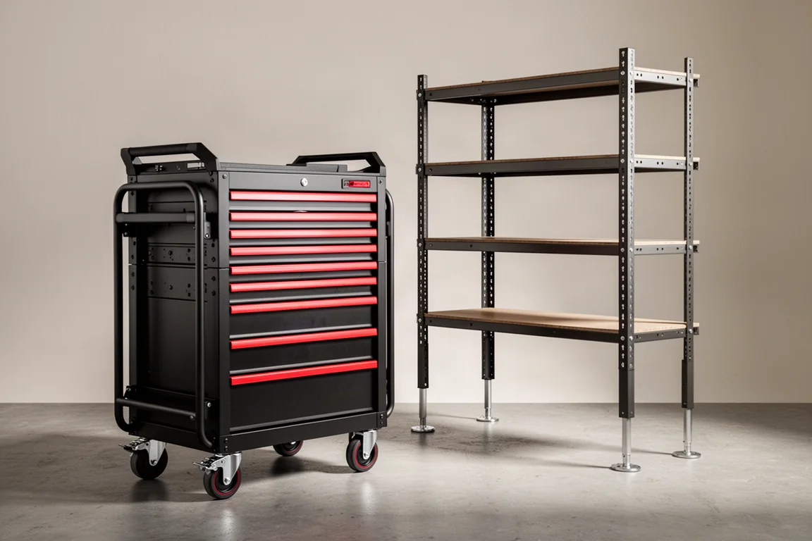 Rolling tool drawer station next to a modular metal rack system in a workshop