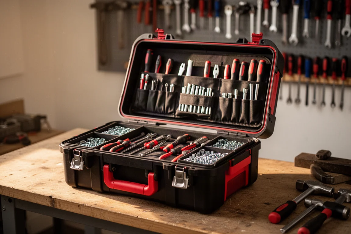 Open PACKOUT-style tool box on a workbench with parts being sorted into compartments