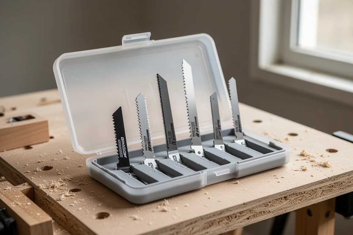 Reciprocating saw blades lined up in a slim storage case on a workbench