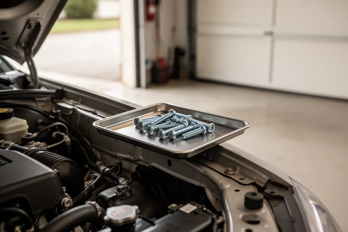 Magnetic parts tray holding bolts and screws on a car engine bay