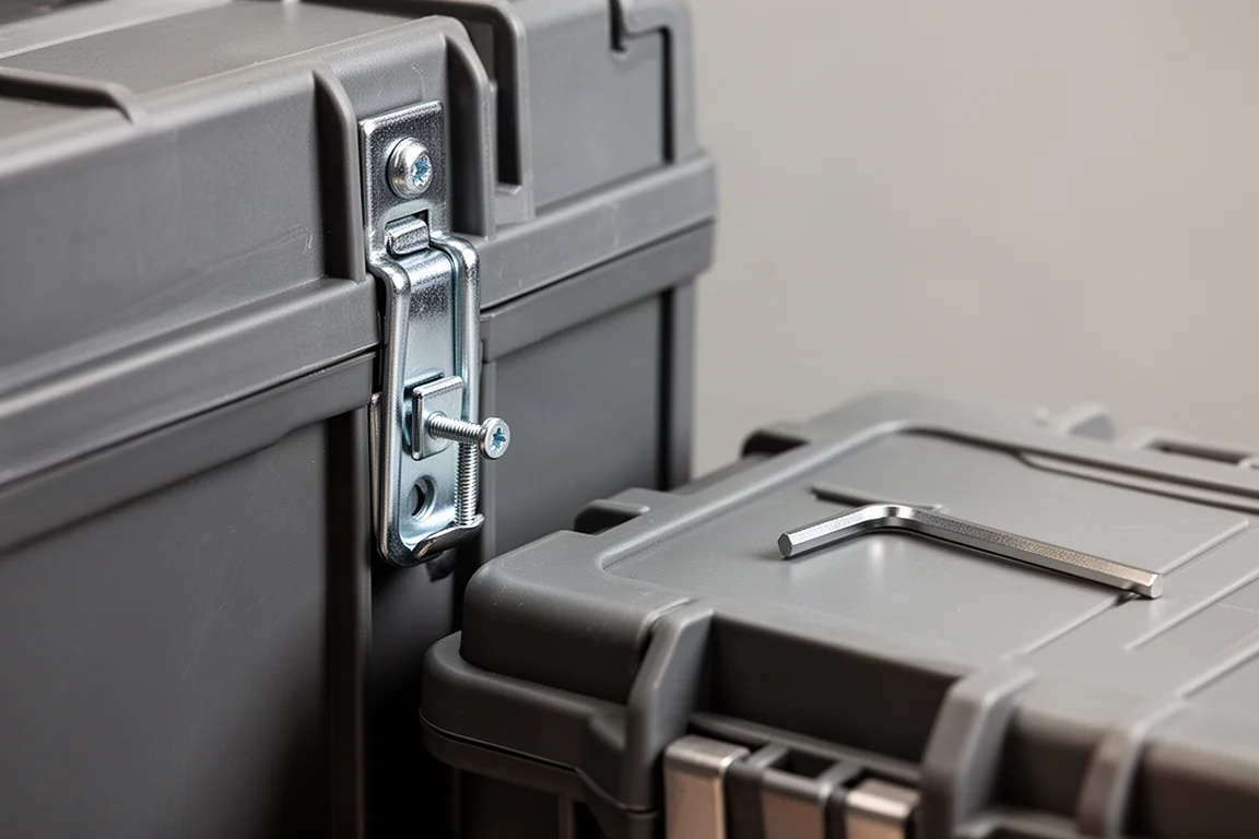 Allen wrench tightening a metal clip hanger mounted to the side of a tool box