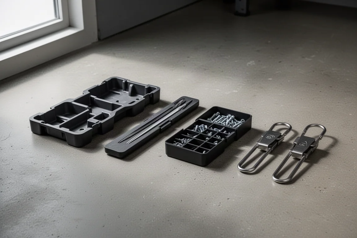 Cinque accessori per il trasporto utensili in stile PACKOUT allineati su un pavimento in calcestruzzo in officina