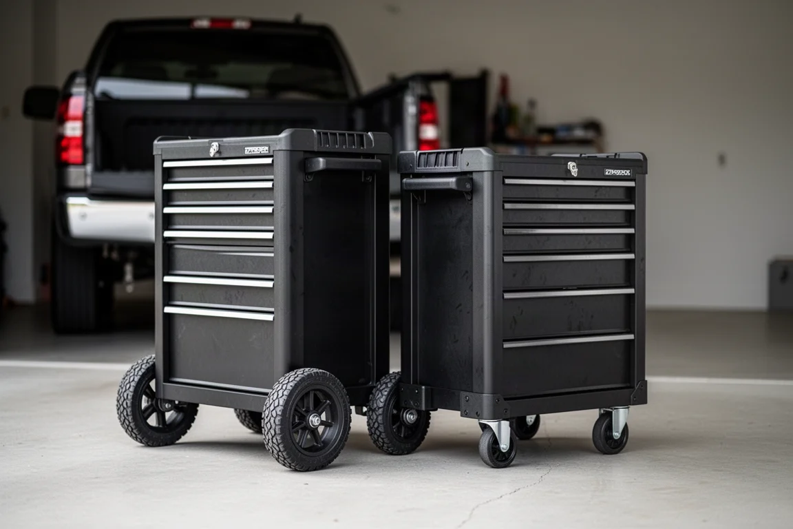 Dos cajas de herramientas apiladas una junto a otra en un garaje con una camioneta de fondo