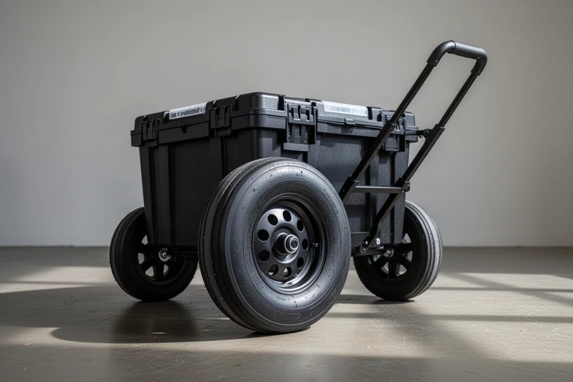 Black rolling tool storage box with large wheels on a concrete workshop floor