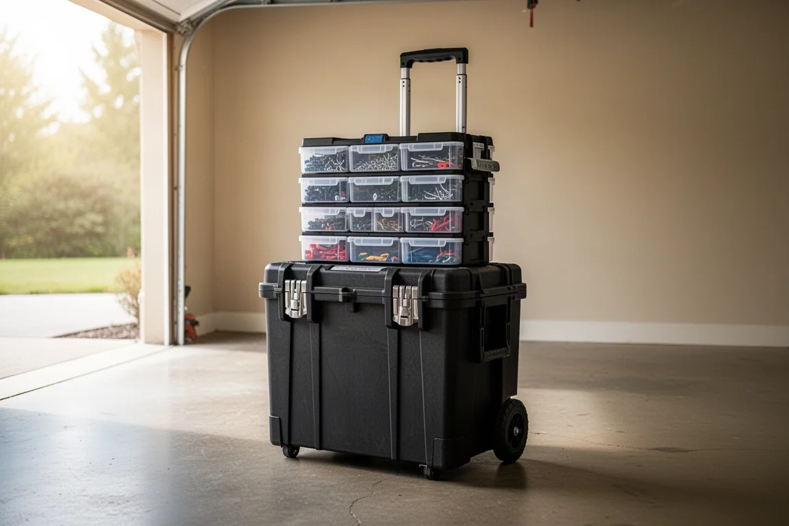 Organizer-Boxen gestapelt auf einer rollenden Werkzeugbox, bereit für den Transport
