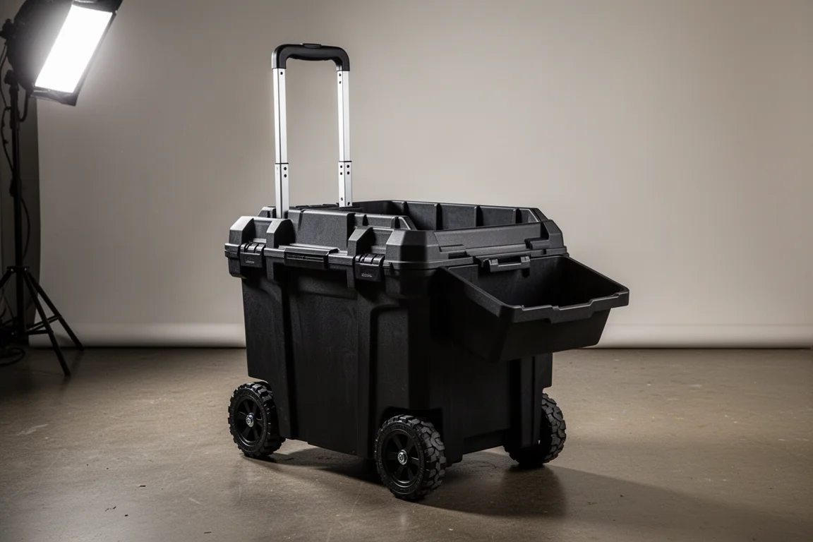 Large black rolling tool box with extended handle on a concrete workshop floor
