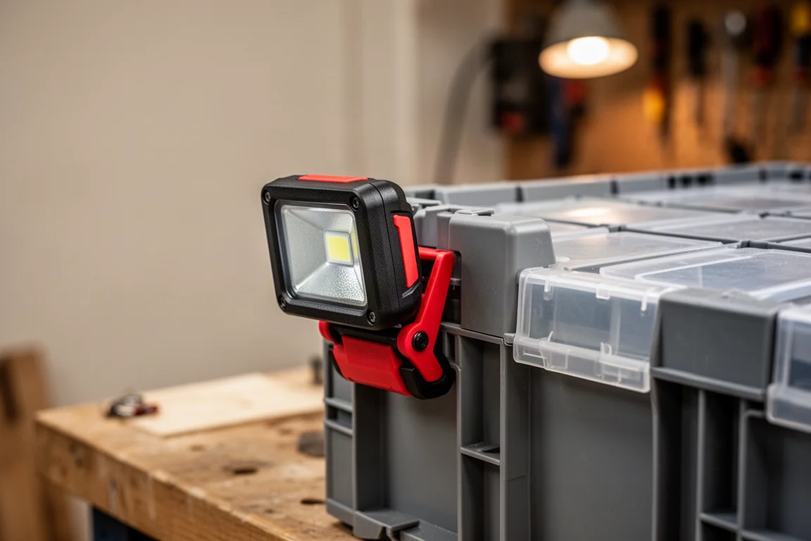 Faro compatto a batteria agganciato a un contenitore modulare da cantiere