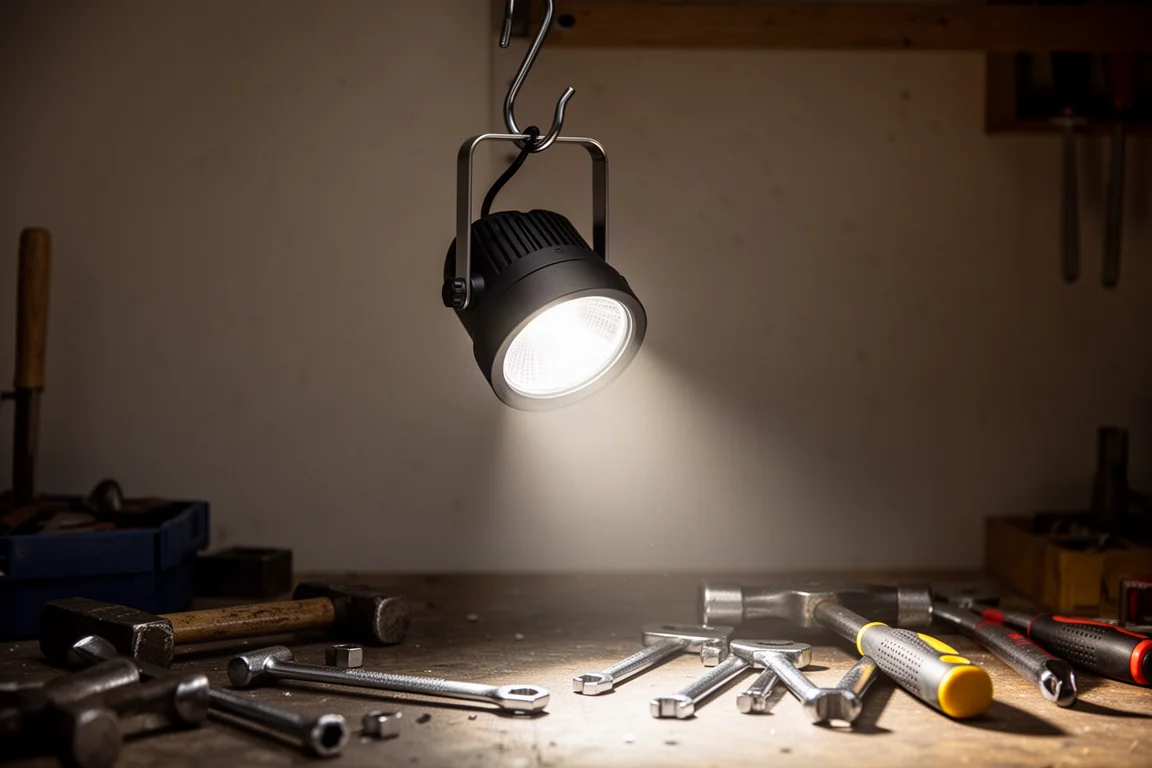 Faro appeso a un gancio in un'officina poco illuminata che proietta luce intensa