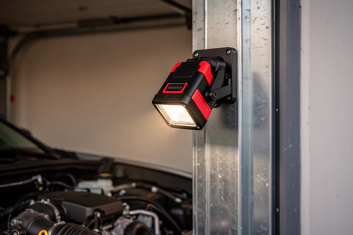Faro fissato magneticamente a una superficie d'acciaio in un garage