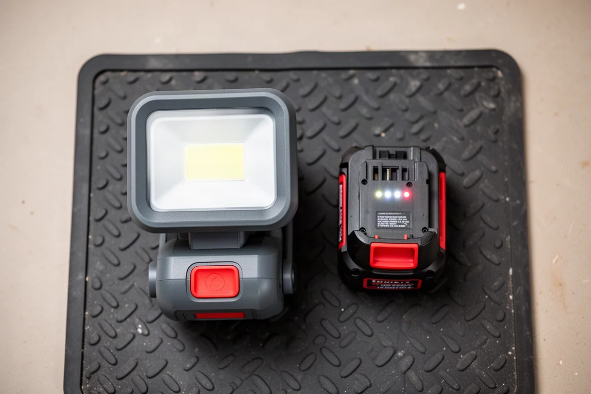 Faro e batteria su un banco da lavoro con l'indicatore di carica ben visibile