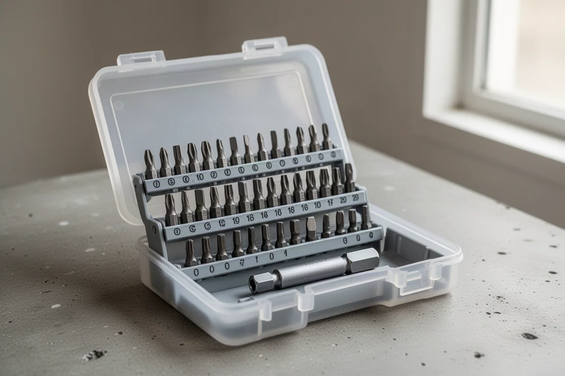 Geöffnete Klappbox mit durchsichtigem Deckel, darin Reihen von Bits