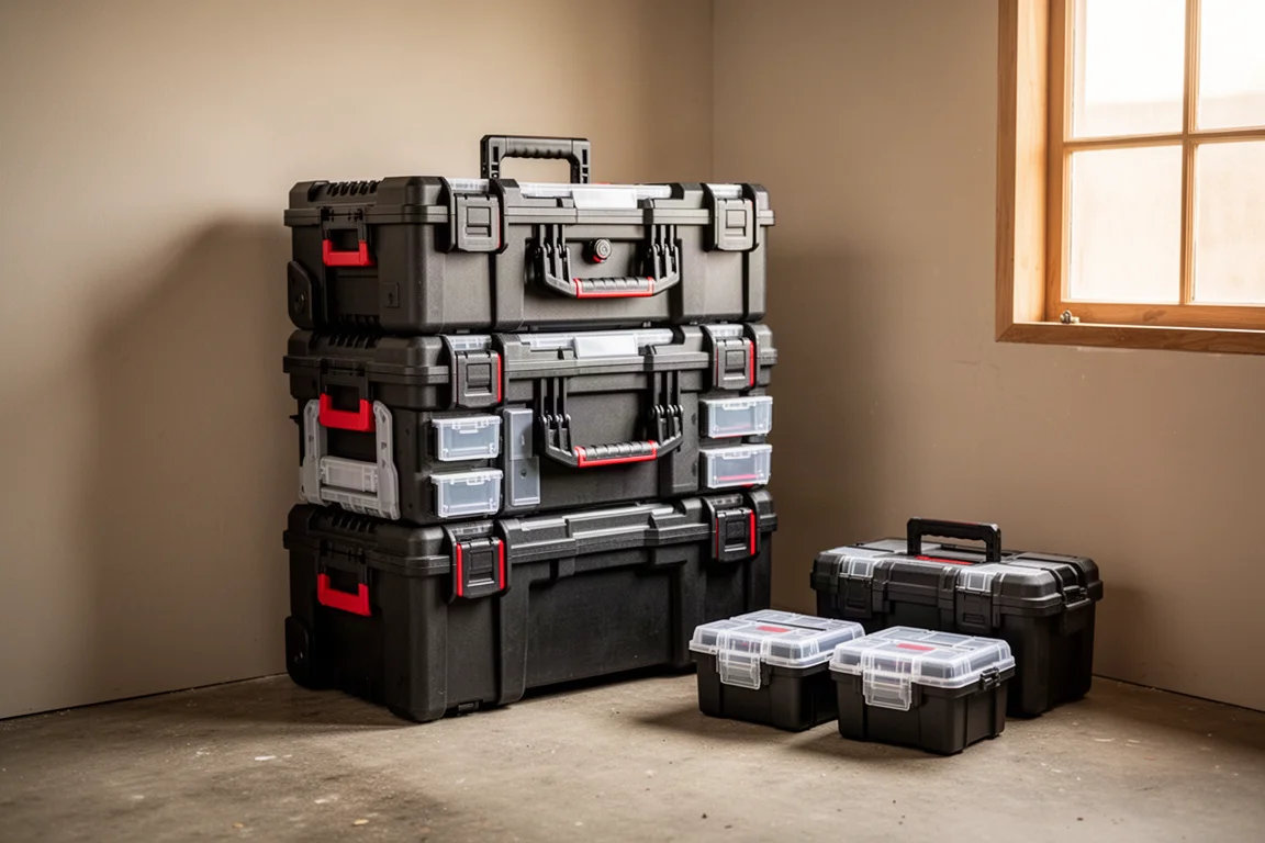 Modular tool storage system stacked on a workshop floor with accessories arranged nearby