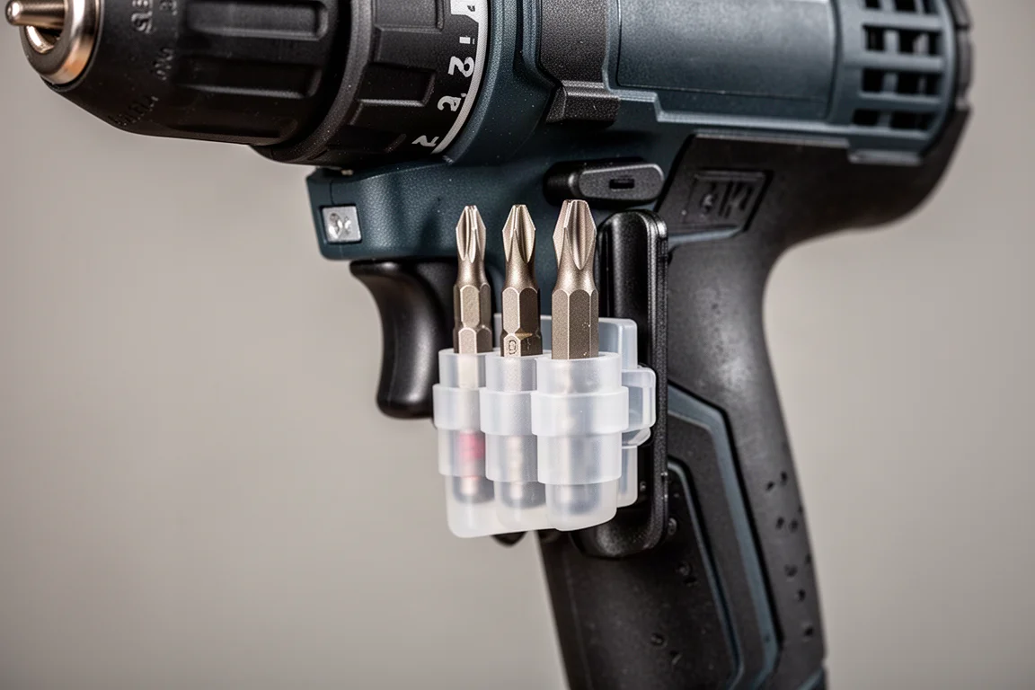 Compact bit holder mounted on the side of a cordless drill