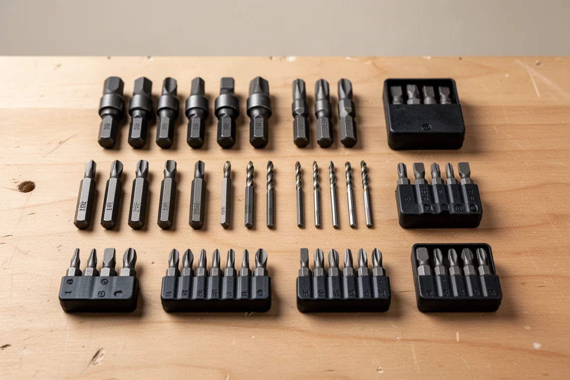 Assorted impact driver bits laid out on a workshop bench
