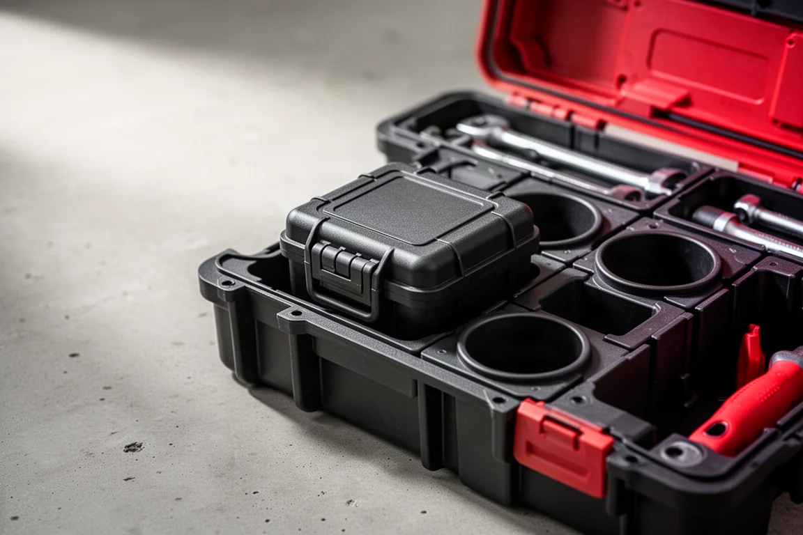 Organized tool storage setup with small cases slotted into a modular system