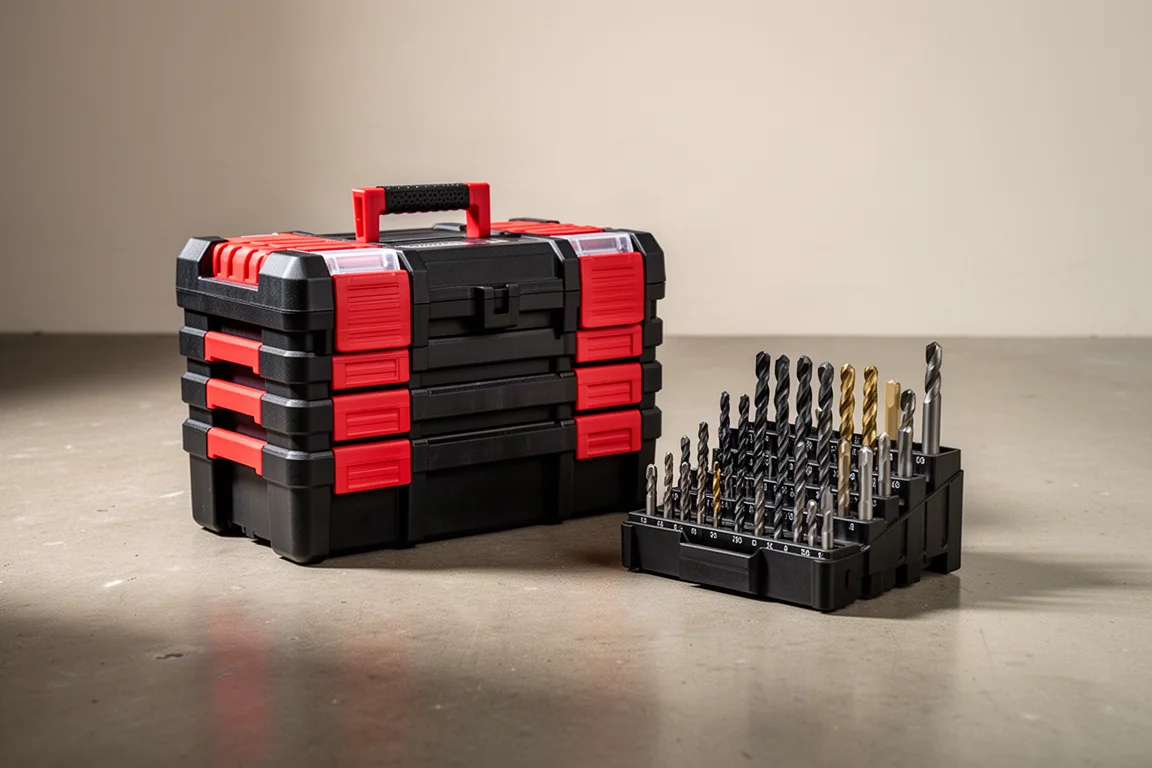 Milwaukee PACKOUT modulaire gereedschapskist en Shockwave bithouderslade op een betonnen vloer