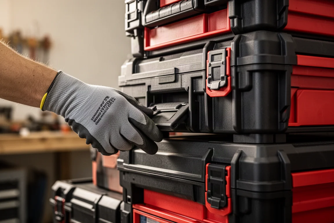 Close-up of hands releasing the latch mechanism on a stacked modular tool box