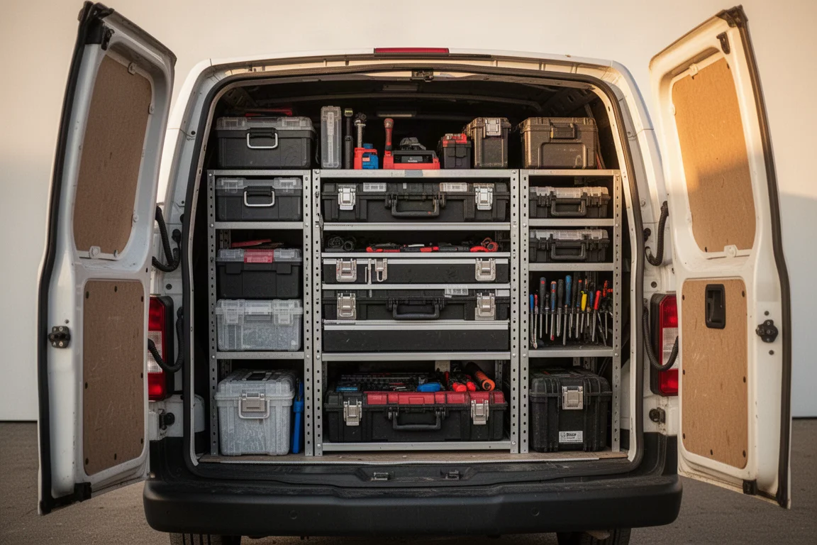 Modular tool storage stack loaded in the back of a work van