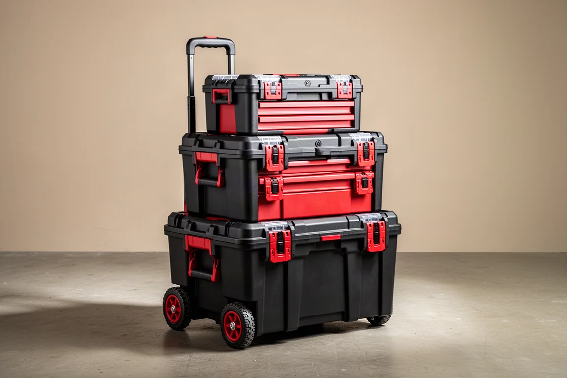 Stacked Milwaukee Packout tool storage system on a concrete workshop floor