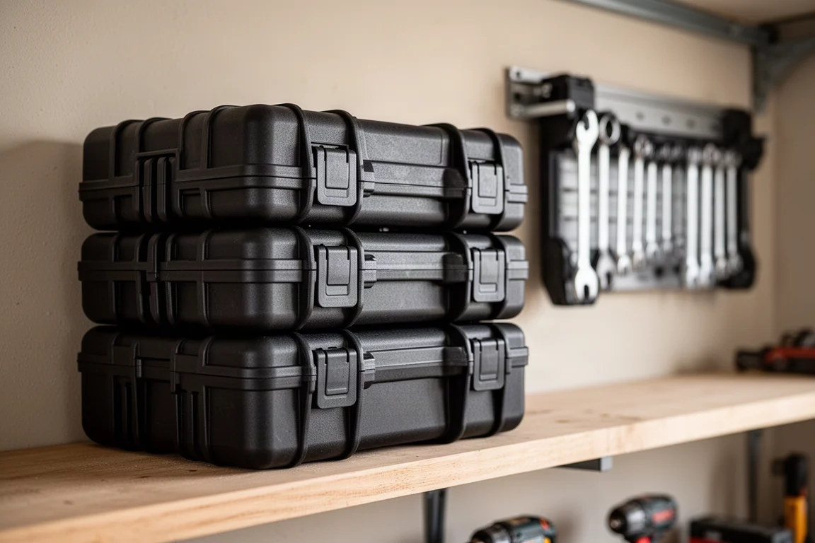 Mallettes d'outils Packout empilées et fixées sur une étagère d'atelier