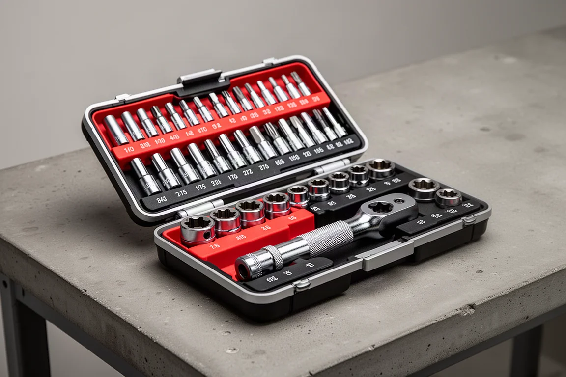 Open Packout-style tool case with color-coded trays of chrome tap and die tools
