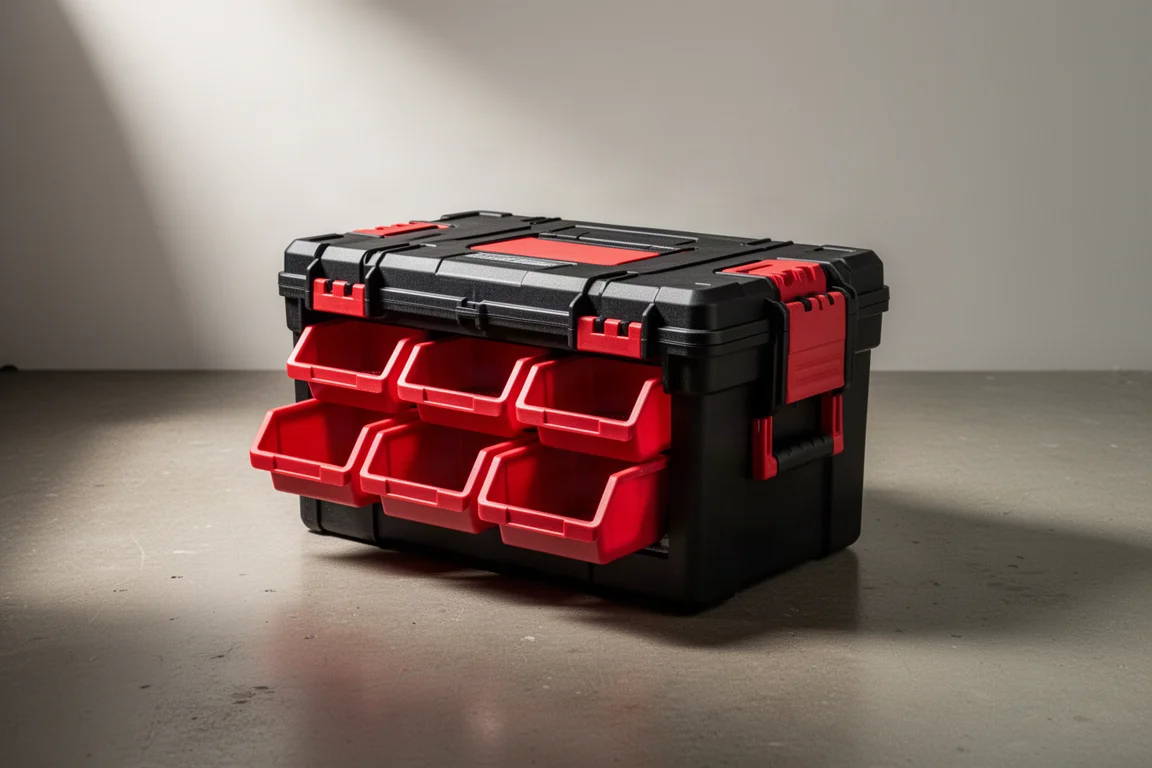 Black and red tilt bin tool organizer on a concrete workshop floor