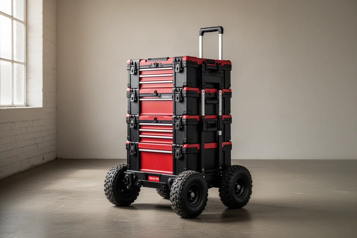 Carrello portautensili con casse Packout impilate sul pavimento di un'officina