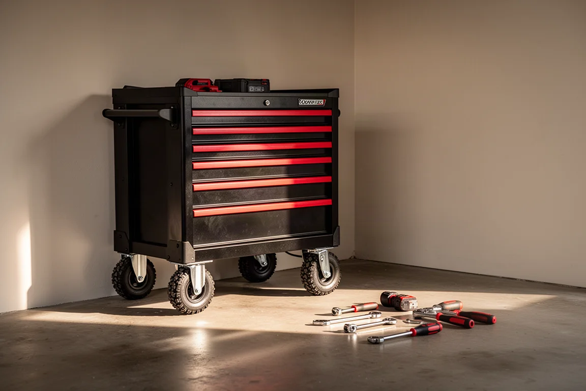 Carrello portautensili parcheggiato in un garage accanto ad attrezzi manuali sparsi