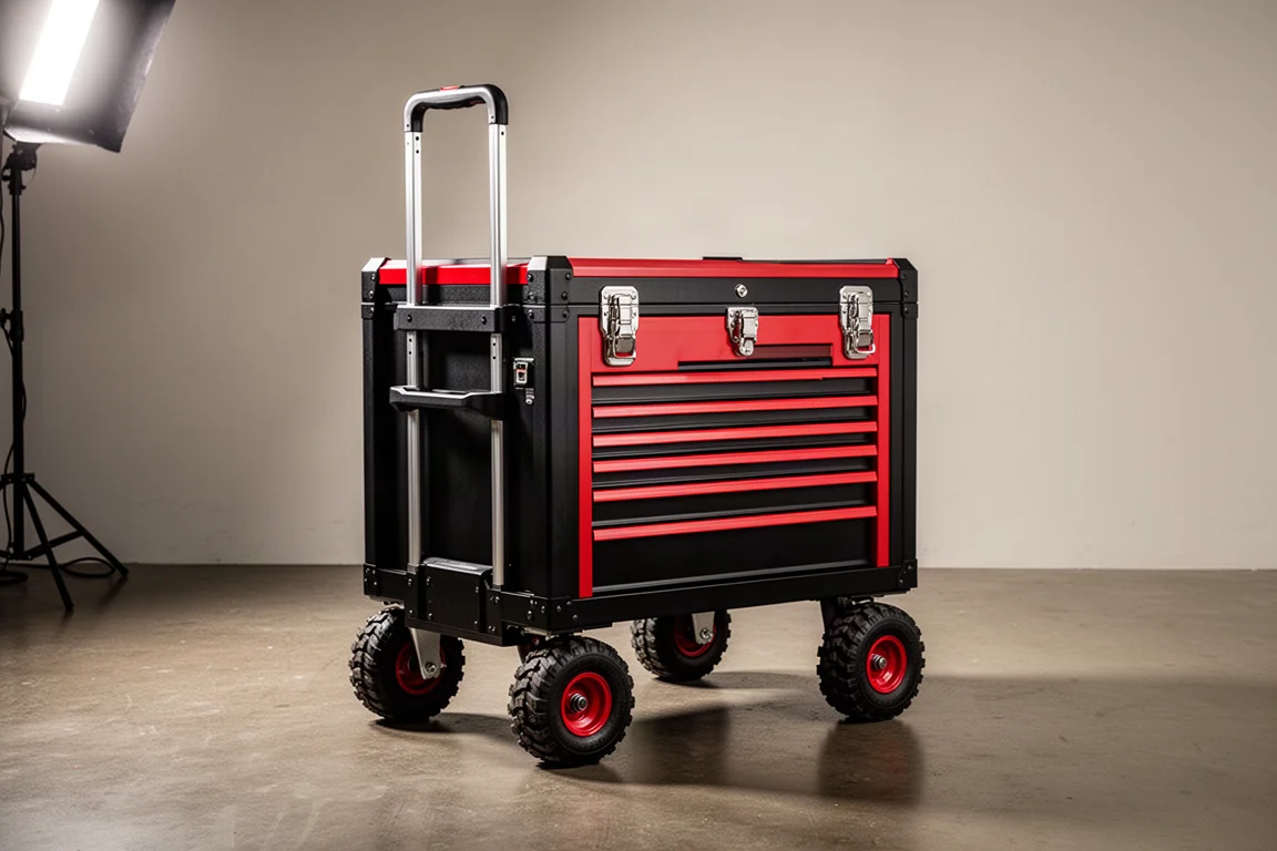 Rolling tool chest on all-terrain wheels with extended handle in a workshop