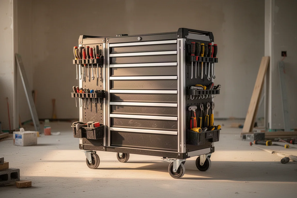 Modular tool storage stack on a job site with accessories mounted on the side