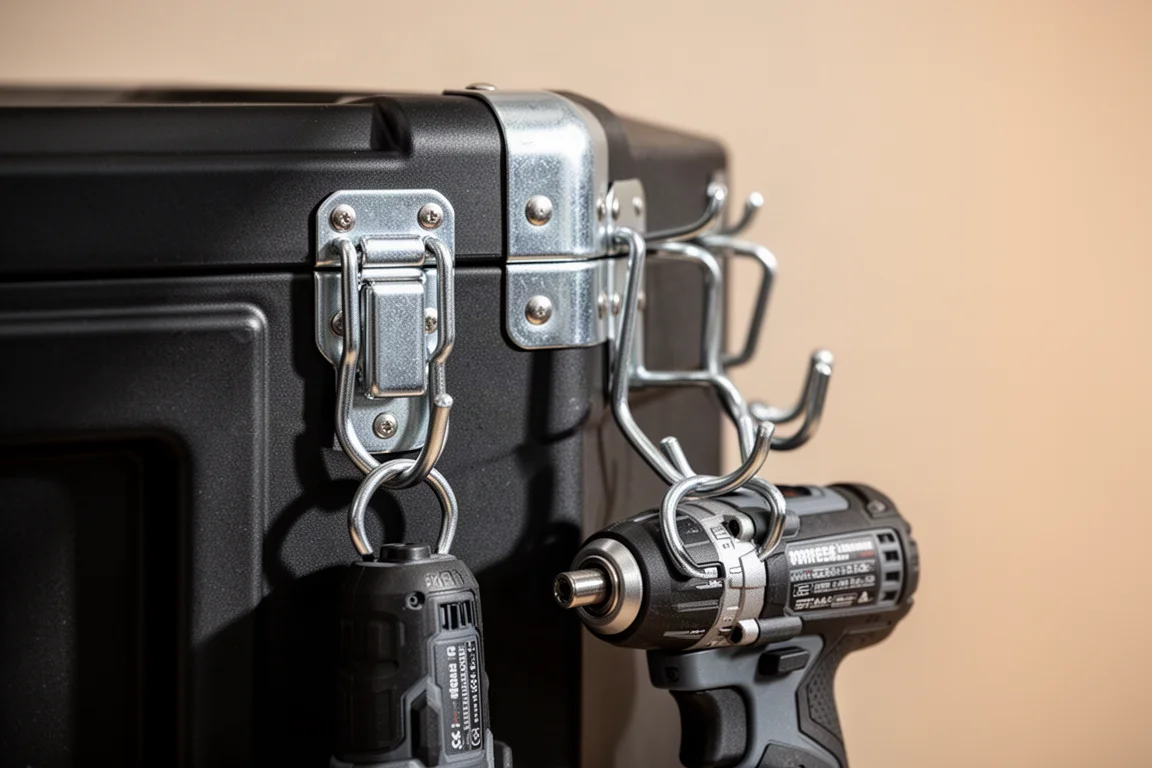 Adjustable hooks on the side of a tool box holding a hanging power tool