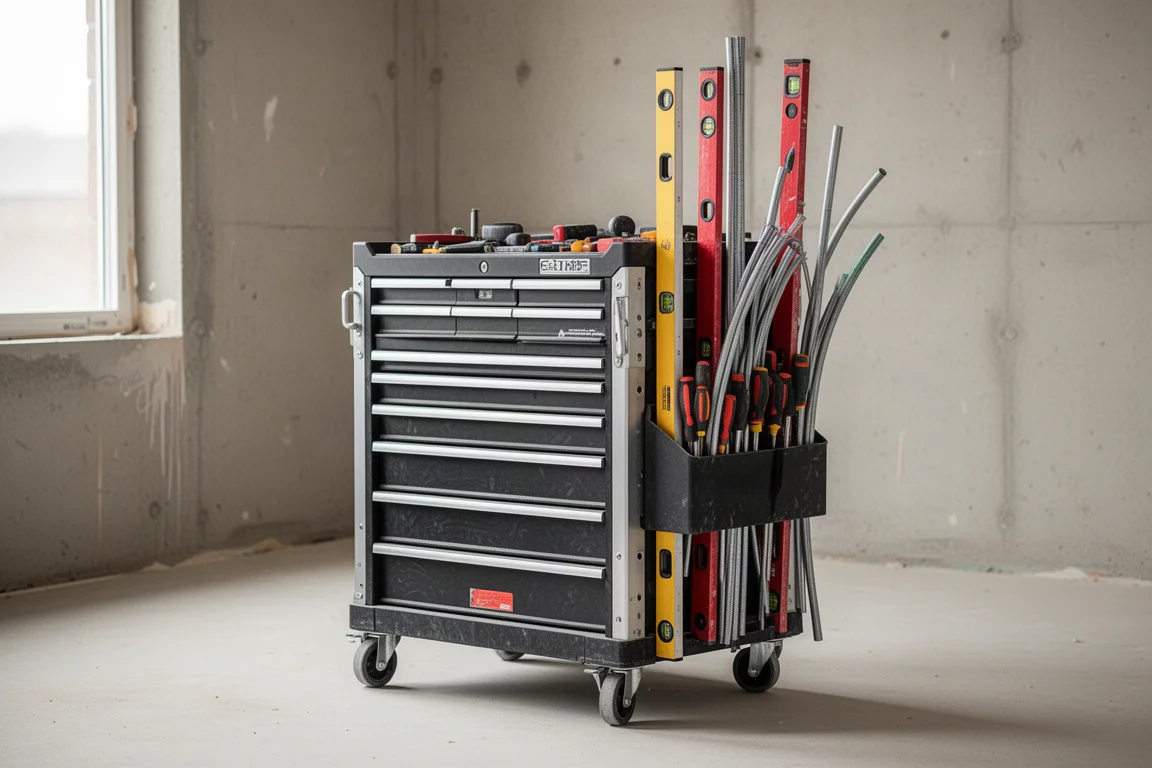 Long handled tools such as levels carried alongside a rolling tool stack