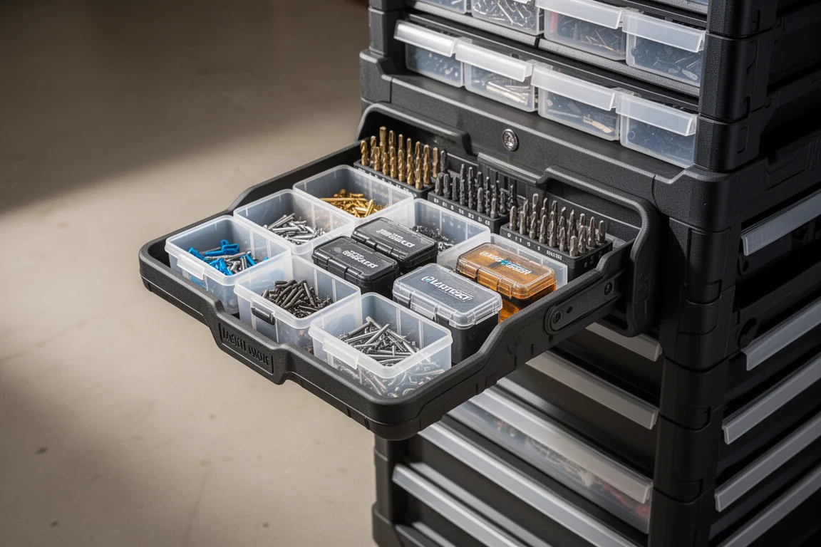 Side-mounted tray with small parts bins and bit cases attached to a tool stack
