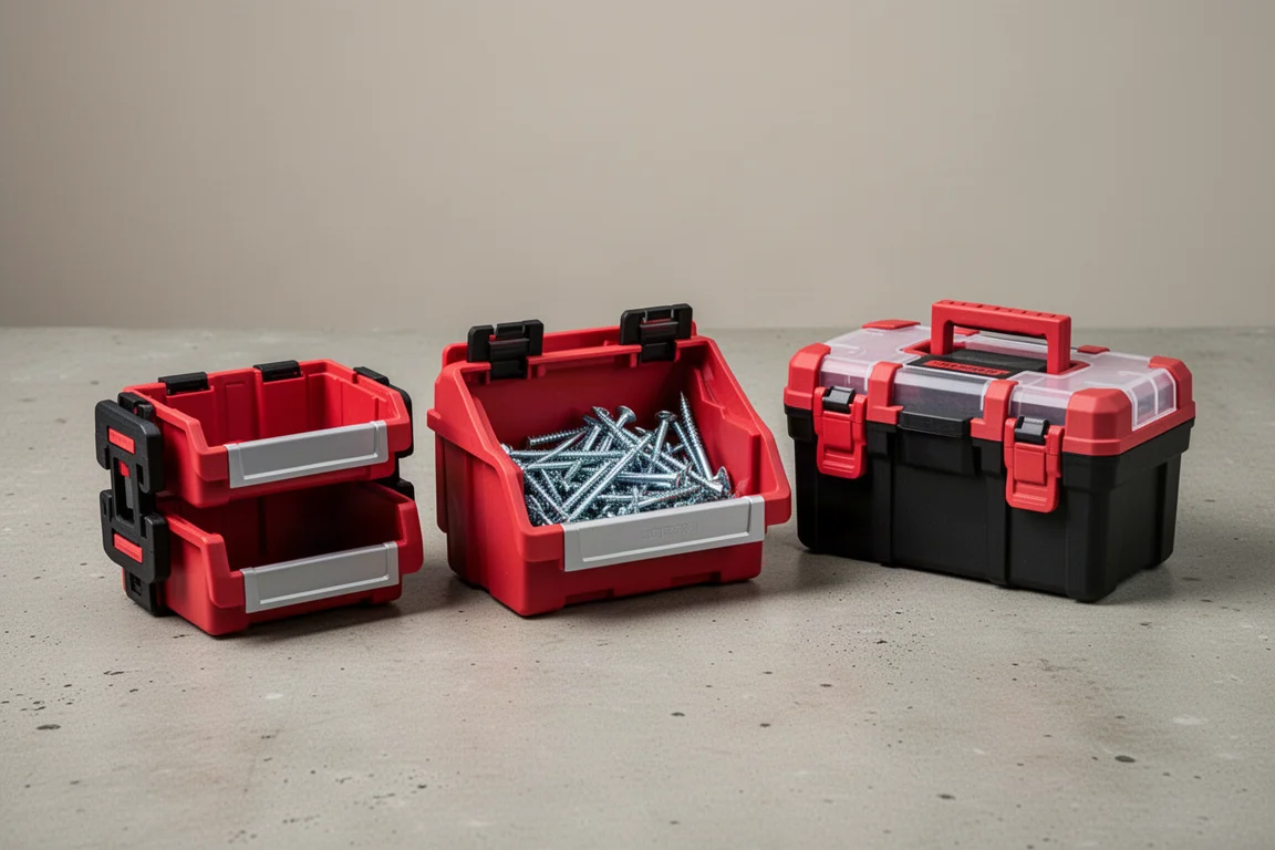 Modular rolling tool storage stack with side-mounted battery rack, hooks, and caddy accessories