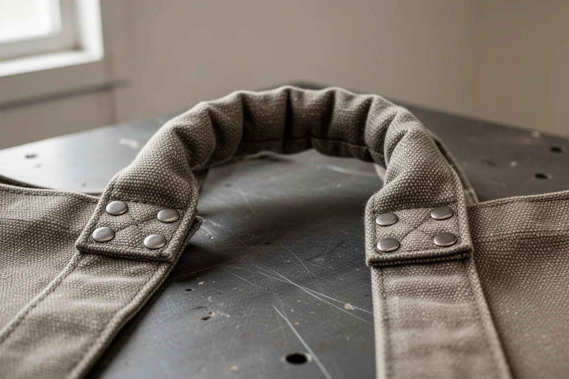 Närbild på ett kraftigt, niterat handtag på en tote, fäst med metallnitar