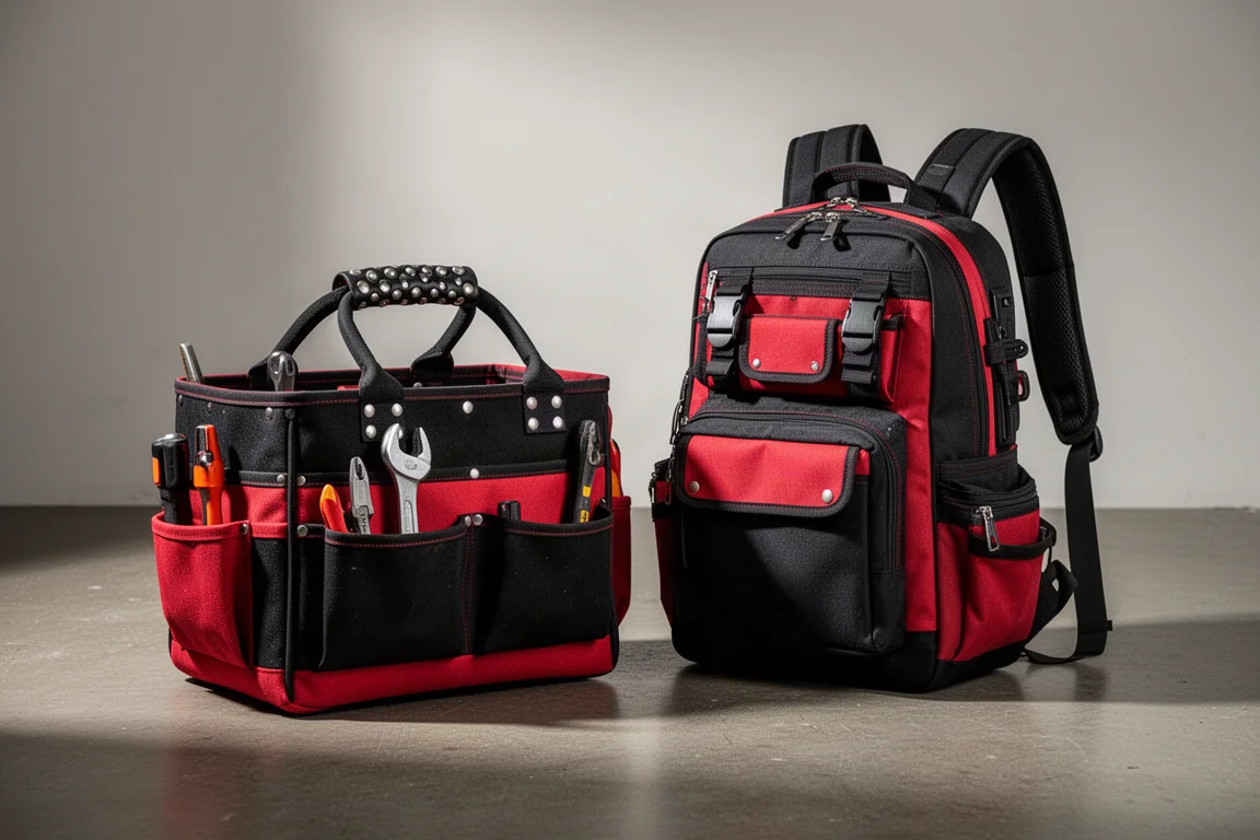 Milwaukee tool tote and backpack side by side on a concrete workshop floor