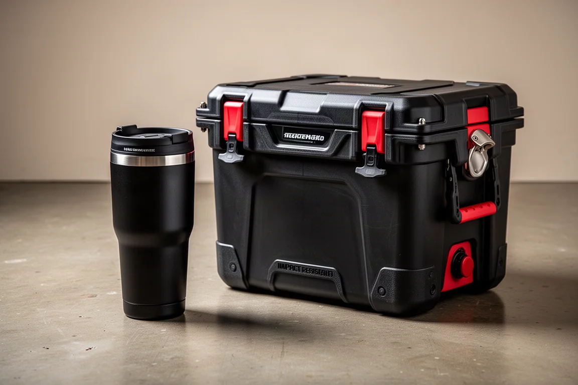 Milwaukee PACKOUT tumbler and 40 quart XL cooler on a concrete workshop floor
