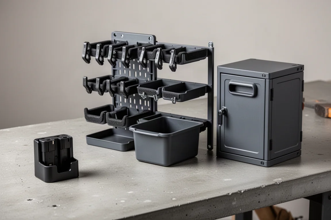 Milwaukee PACKOUT wall storage accessories arranged on a concrete workshop surface