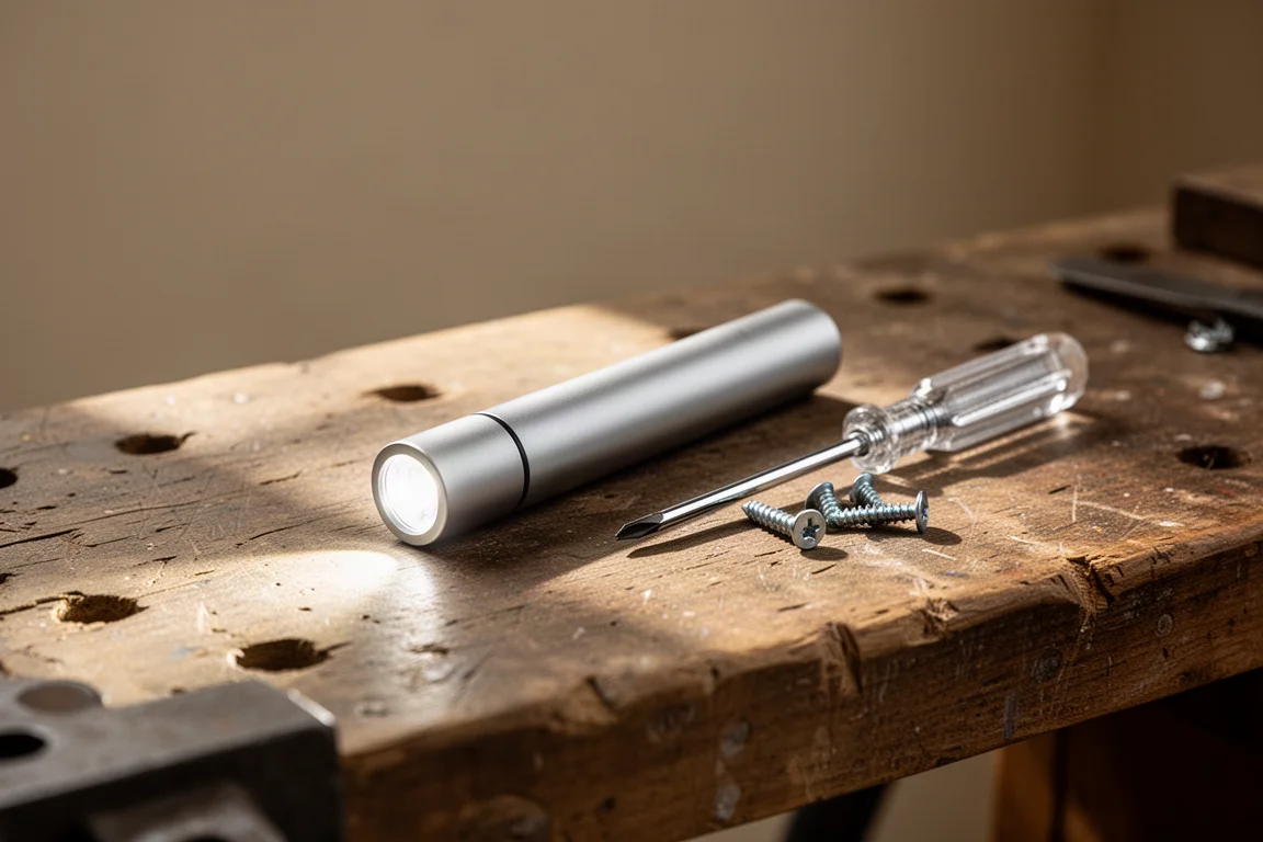 Smukła latarka typu pen light leżąca na stole warsztatowym obok drobnych narzędzi ręcznych